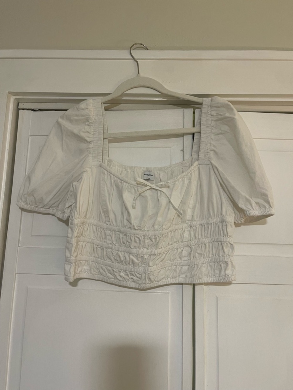 Aritzia Martine Sunday Best White Puff Sleeve Smocked Crop Top